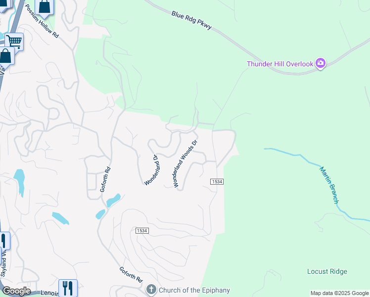 map of restaurants, bars, coffee shops, grocery stores, and more near 605 Wonderland Woods Drive in Blowing Rock