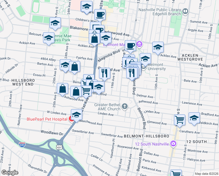 map of restaurants, bars, coffee shops, grocery stores, and more near 2119 19th Avenue South in Nashville