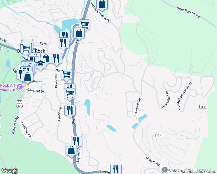 map of restaurants, bars, coffee shops, grocery stores, and more near 100 Sledding Hill Court in Blowing Rock
