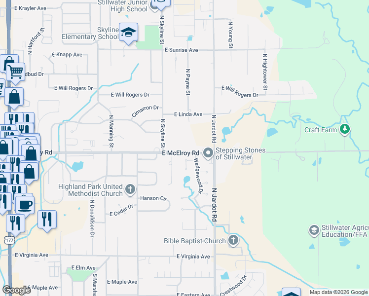 map of restaurants, bars, coffee shops, grocery stores, and more near 1918 Wedgewood Court in Stillwater