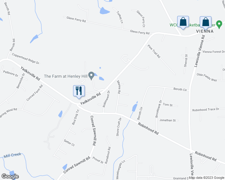 map of restaurants, bars, coffee shops, grocery stores, and more near 3591 Robinwest Drive in Pfafftown