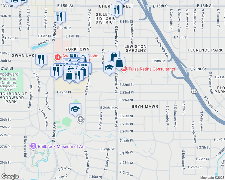 map of restaurants, bars, coffee shops, grocery stores, and more near 2222 East 22nd Place in Tulsa