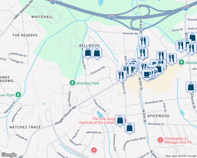 map of restaurants, bars, coffee shops, grocery stores, and more near 714 Prince Road in Greensboro