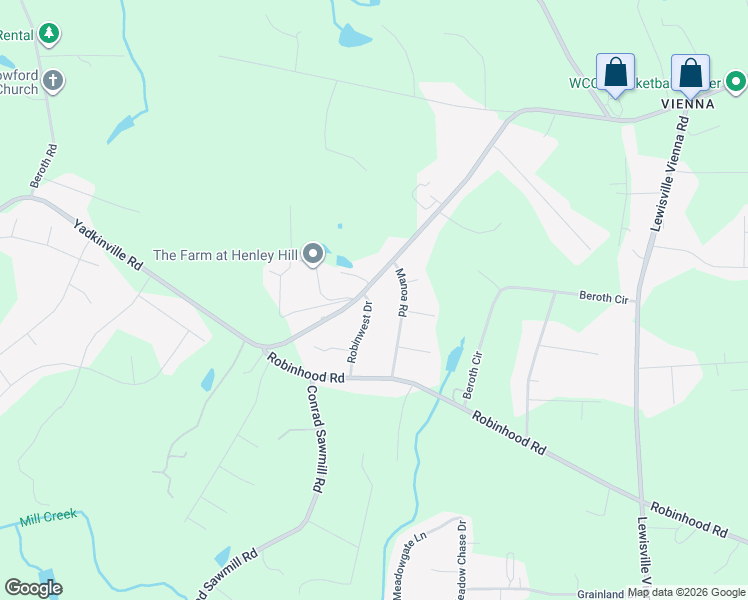 map of restaurants, bars, coffee shops, grocery stores, and more near 3581 Robinwest Drive in Pfafftown