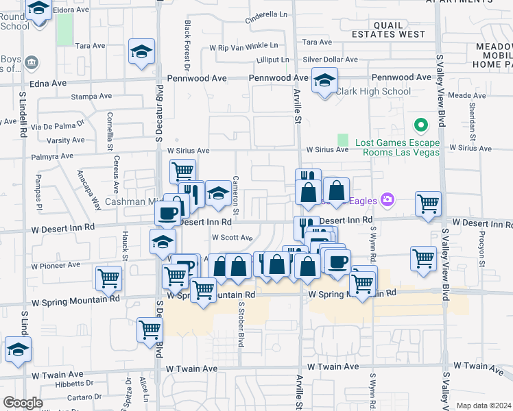 map of restaurants, bars, coffee shops, grocery stores, and more near 3242 Jericho Street in Las Vegas