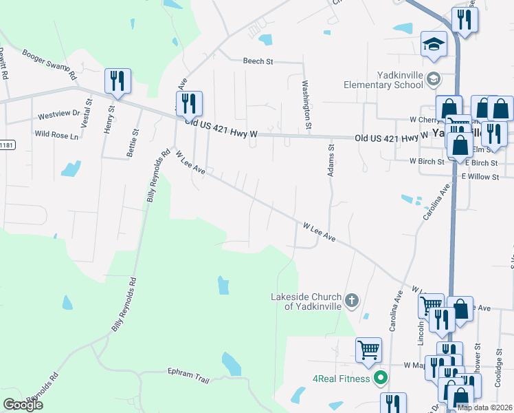 map of restaurants, bars, coffee shops, grocery stores, and more near 649 West Lee Avenue in Yadkinville