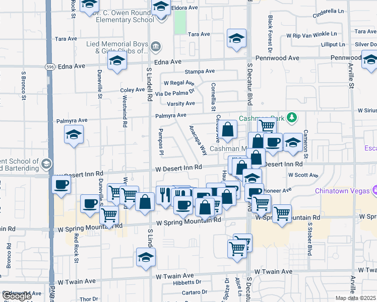 map of restaurants, bars, coffee shops, grocery stores, and more near 3235 Mountain Spring Road in Las Vegas