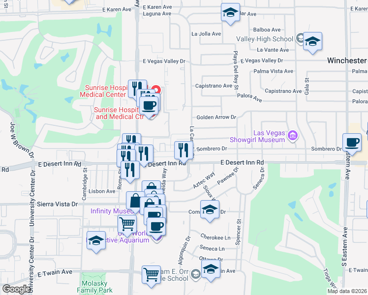 map of restaurants, bars, coffee shops, grocery stores, and more near 1458 Sombrero Drive in Las Vegas