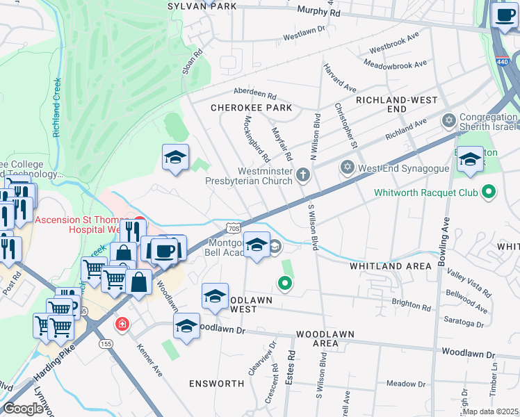 map of restaurants, bars, coffee shops, grocery stores, and more near 4200 West End Avenue in Nashville