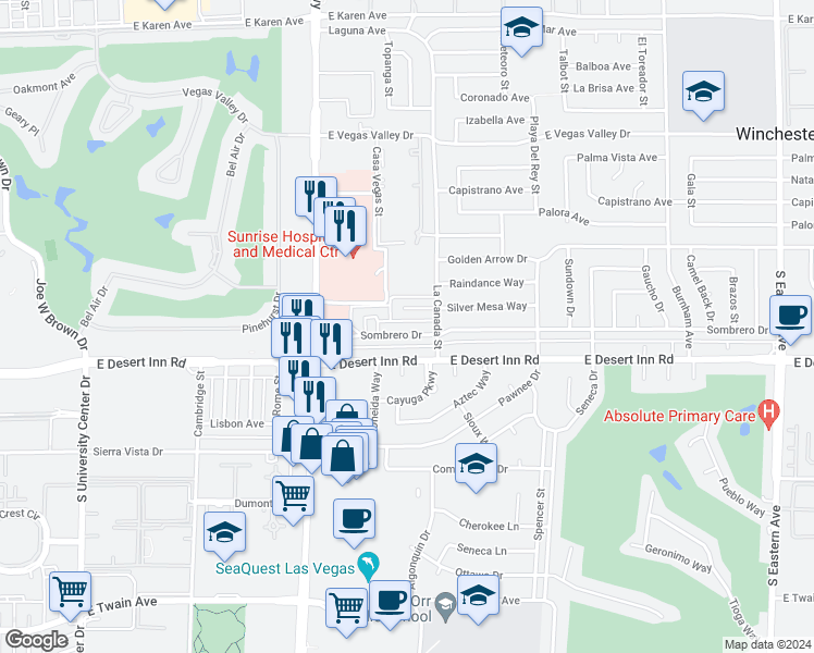 map of restaurants, bars, coffee shops, grocery stores, and more near 1381 Sombrero Drive in Las Vegas