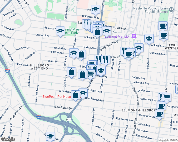 map of restaurants, bars, coffee shops, grocery stores, and more near 2119 Blair Boulevard in Nashville