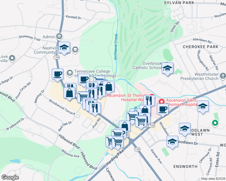 map of restaurants, bars, coffee shops, grocery stores, and more near 4487B Post Place in Nashville