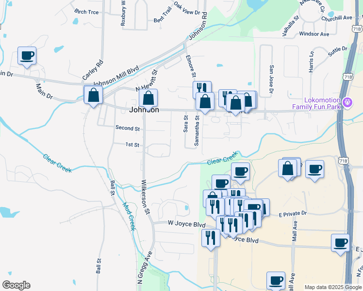 map of restaurants, bars, coffee shops, grocery stores, and more near 2408 Sam Street in Fayetteville