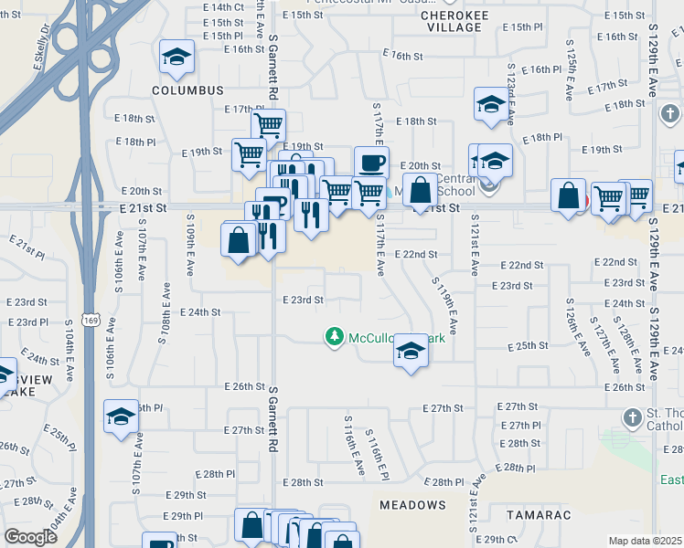 map of restaurants, bars, coffee shops, grocery stores, and more near 11502 East 22nd Place in Tulsa