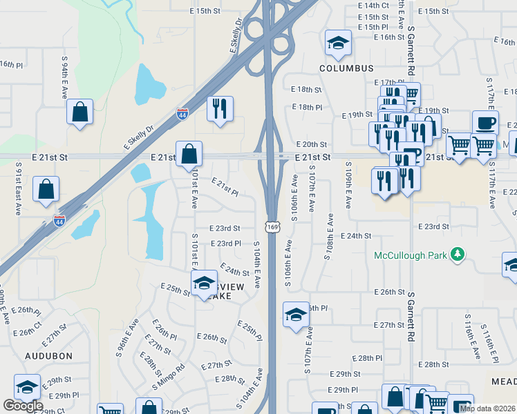 map of restaurants, bars, coffee shops, grocery stores, and more near 2207 South 104th East Avenue in Tulsa