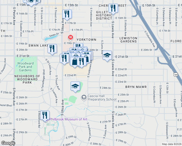 map of restaurants, bars, coffee shops, grocery stores, and more near 2102 East 22nd Place in Tulsa