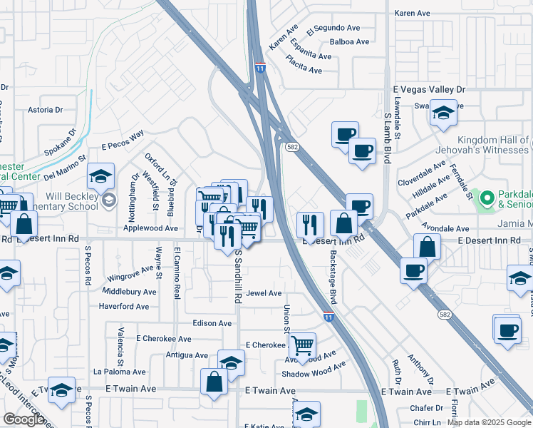 map of restaurants, bars, coffee shops, grocery stores, and more near 3210 South Sandhill Road in Las Vegas