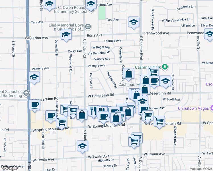 map of restaurants, bars, coffee shops, grocery stores, and more near 3235 Mountain Spring Road in Las Vegas