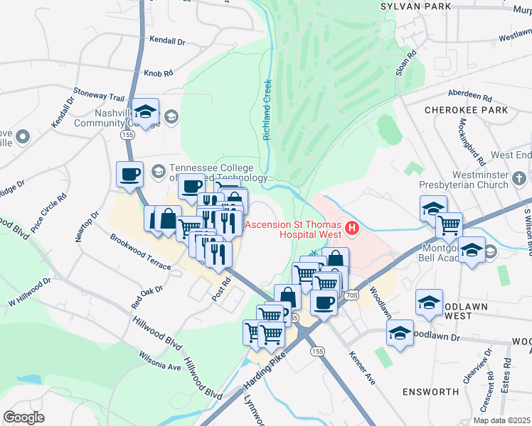 map of restaurants, bars, coffee shops, grocery stores, and more near 4487B Post Place in Nashville