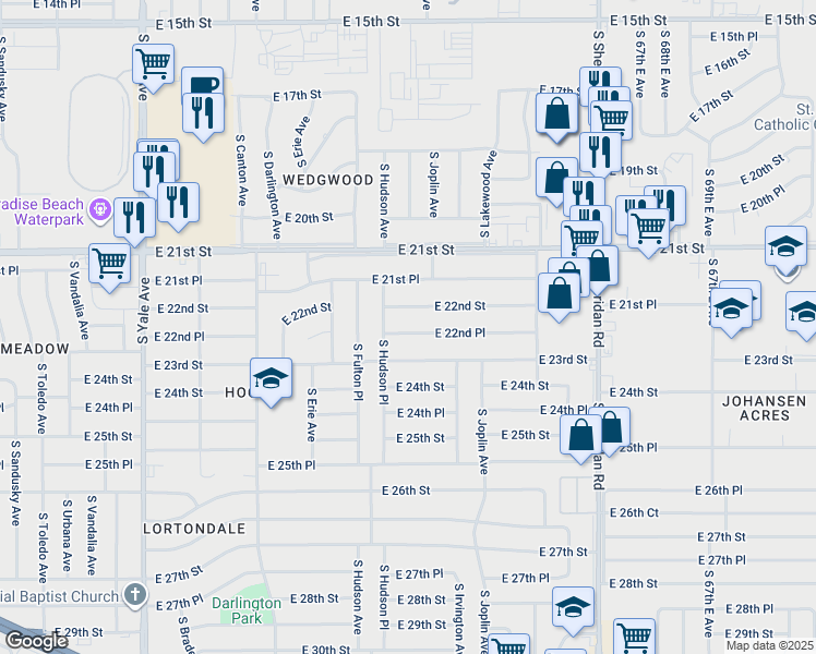 map of restaurants, bars, coffee shops, grocery stores, and more near 5721 East 22nd Place in Tulsa