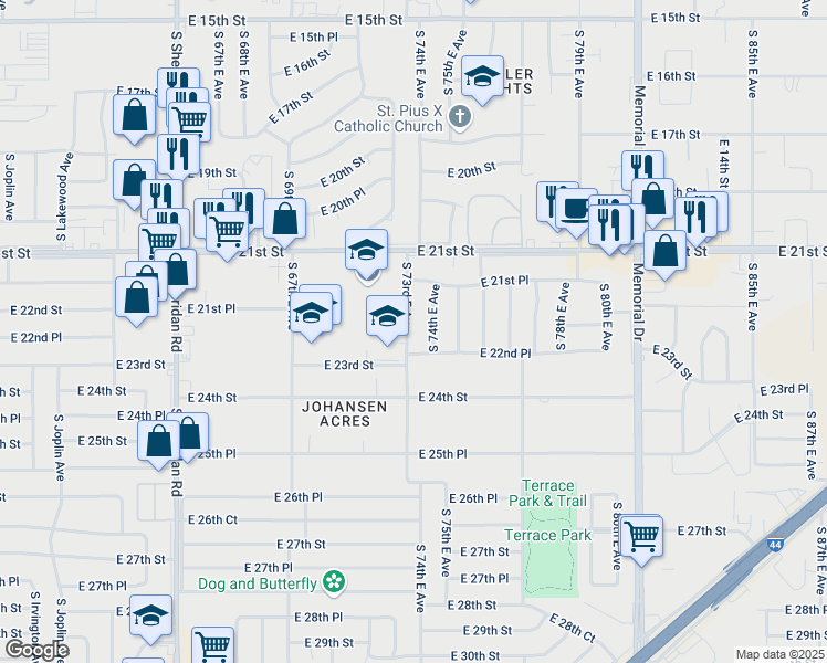 map of restaurants, bars, coffee shops, grocery stores, and more near 2169 South 73rd East Avenue in Tulsa