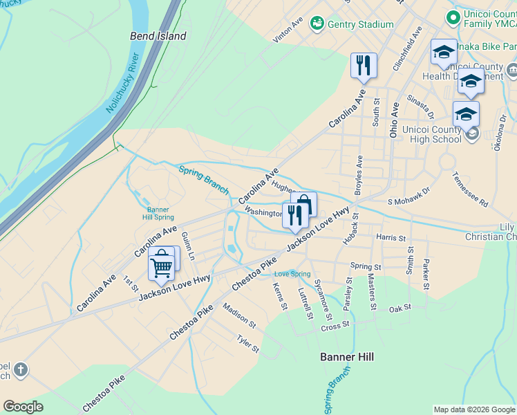 map of restaurants, bars, coffee shops, grocery stores, and more near 506 Washington Street in Erwin