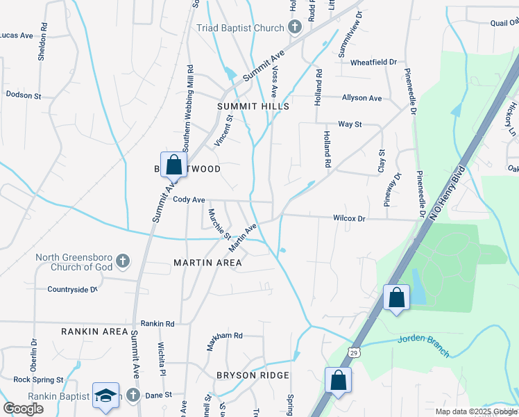 map of restaurants, bars, coffee shops, grocery stores, and more near 3719 Martin Avenue in Greensboro