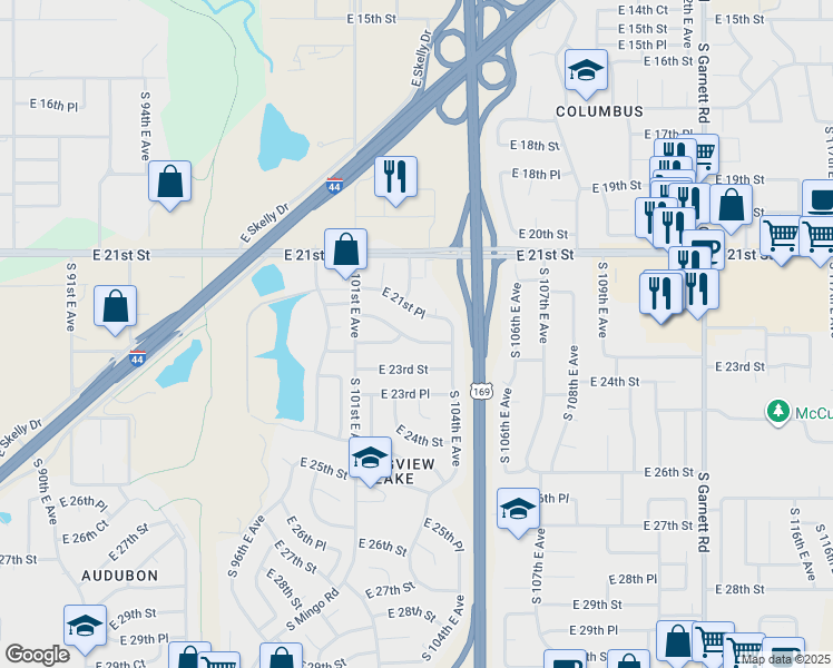 map of restaurants, bars, coffee shops, grocery stores, and more near 10155 East 22nd Place in Tulsa