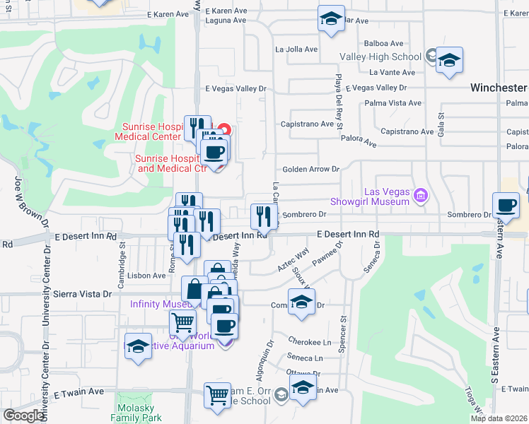 map of restaurants, bars, coffee shops, grocery stores, and more near 1471 Sombrero Drive in Las Vegas