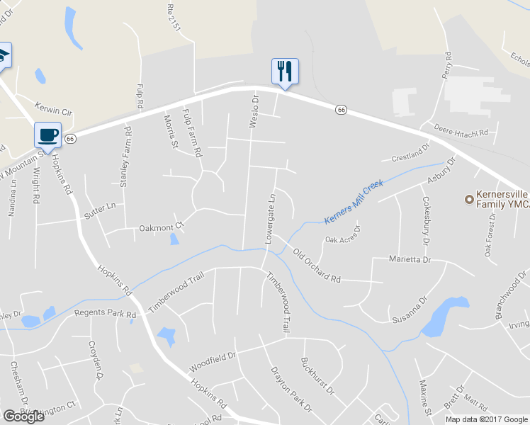 map of restaurants, bars, coffee shops, grocery stores, and more near 526 Lowergate Lane in Kernersville
