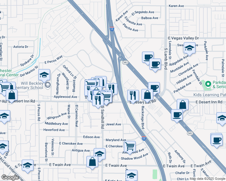map of restaurants, bars, coffee shops, grocery stores, and more near 3210 South Sandhill Road in Las Vegas