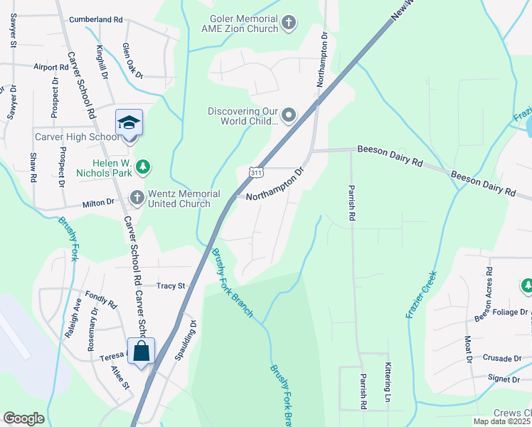 map of restaurants, bars, coffee shops, grocery stores, and more near 3419 Jeketer Drive in Winston-Salem