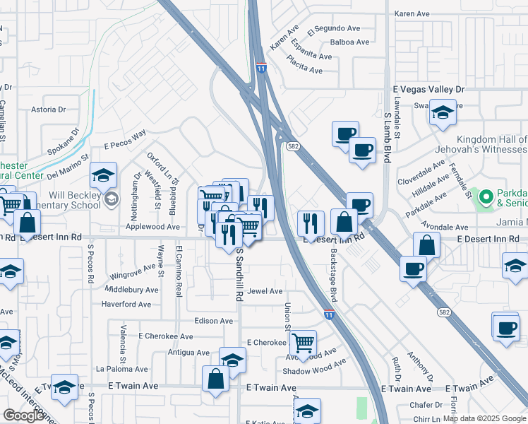 map of restaurants, bars, coffee shops, grocery stores, and more near 3210 South Sandhill Road in Las Vegas