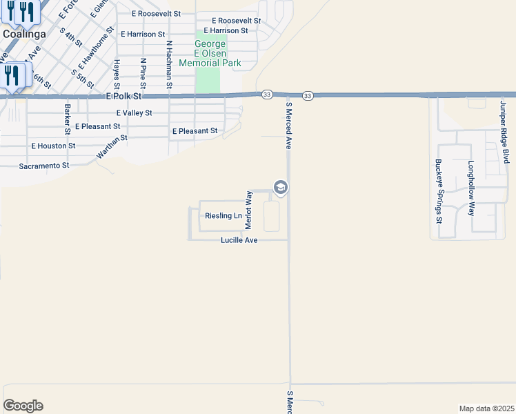 map of restaurants, bars, coffee shops, grocery stores, and more near 892 Chianti Circle in Coalinga