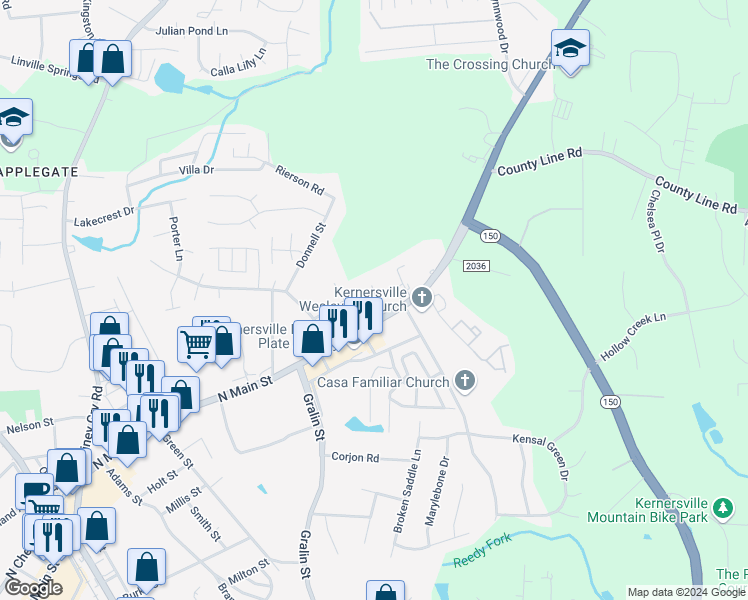 map of restaurants, bars, coffee shops, grocery stores, and more near 121 Humberside Drive in Kernersville