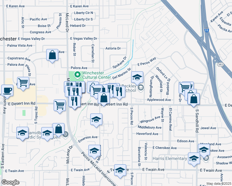 map of restaurants, bars, coffee shops, grocery stores, and more near 3225 South Pecos Road in Las Vegas
