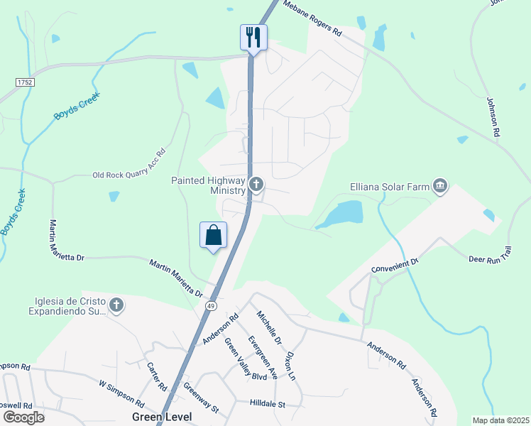 map of restaurants, bars, coffee shops, grocery stores, and more near 1835 Highway 49 in Green Level