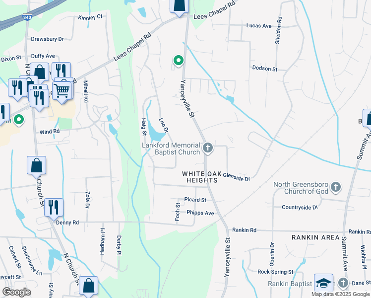map of restaurants, bars, coffee shops, grocery stores, and more near 1302 Kenion Street in Greensboro