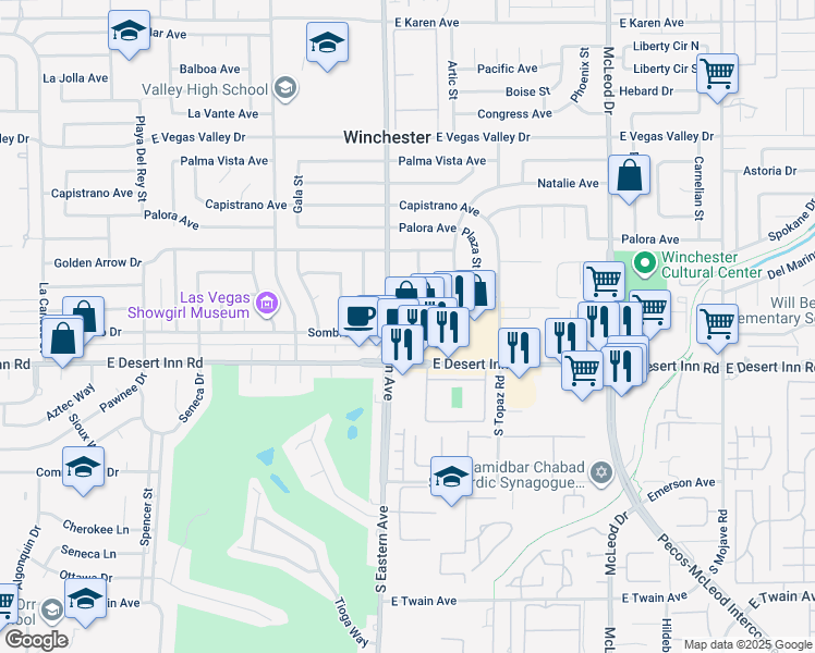 map of restaurants, bars, coffee shops, grocery stores, and more near 2420 E Desert Inn Rd in Las Vegas