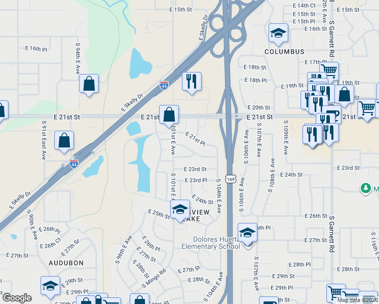 map of restaurants, bars, coffee shops, grocery stores, and more near 10124 East 22nd Place in Tulsa