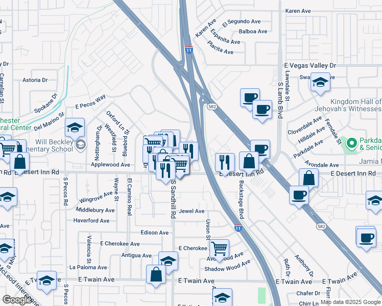 map of restaurants, bars, coffee shops, grocery stores, and more near 3210 South Sandhill Road in Las Vegas