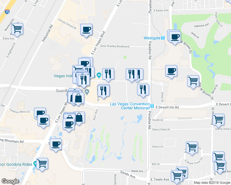 map of restaurants, bars, coffee shops, grocery stores, and more near 350 East Desert Inn Road in Las Vegas