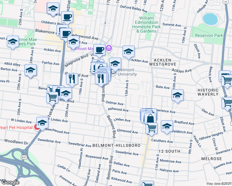 map of restaurants, bars, coffee shops, grocery stores, and more near 1525 Compton Avenue in Nashville