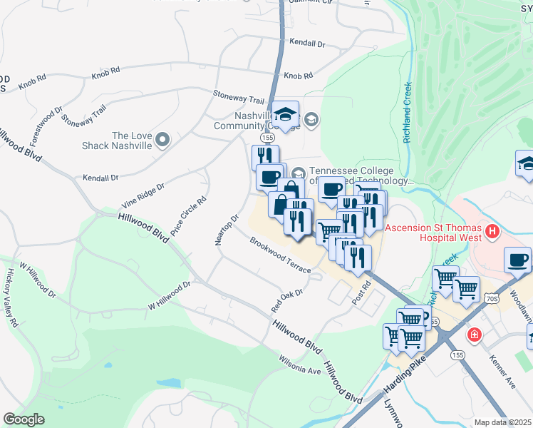 map of restaurants, bars, coffee shops, grocery stores, and more near 78 Brookwood Terrace in Nashville
