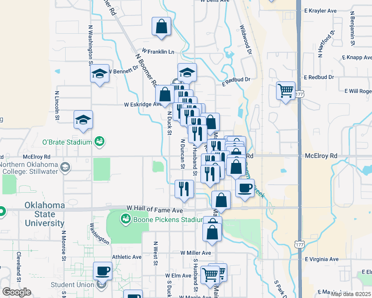 map of restaurants, bars, coffee shops, grocery stores, and more near 301 West McElroy Road in Stillwater