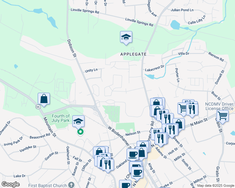 map of restaurants, bars, coffee shops, grocery stores, and more near 705 Farmwood Drive in Kernersville