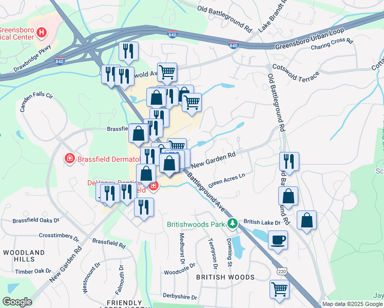 map of restaurants, bars, coffee shops, grocery stores, and more near 3720 Greenes Crossing in Greensboro