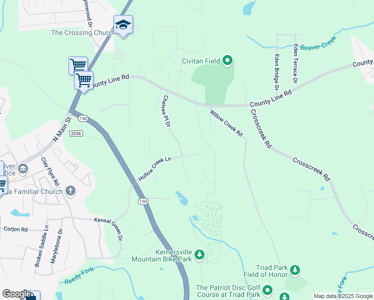 map of restaurants, bars, coffee shops, grocery stores, and more near 1751 Chelsea Place Drive in Kernersville