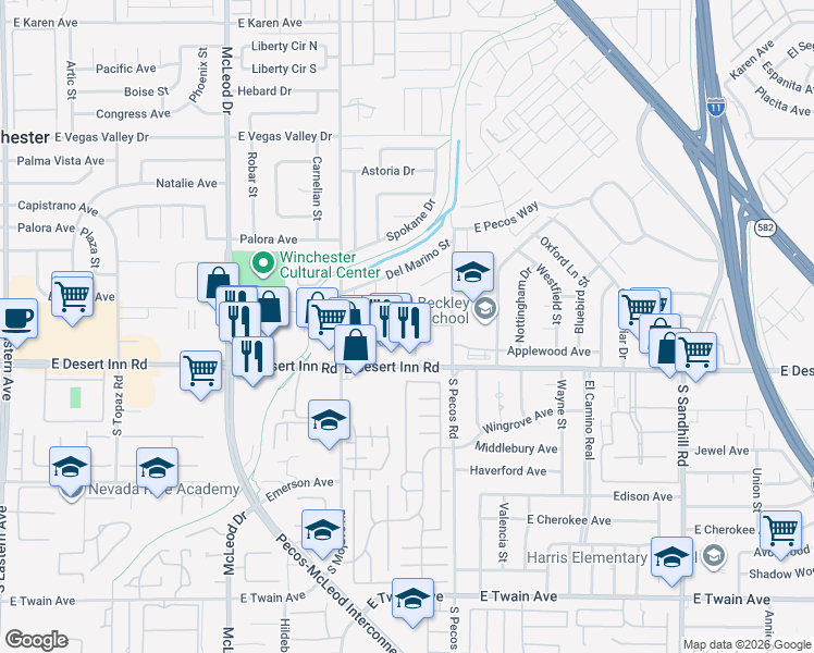 map of restaurants, bars, coffee shops, grocery stores, and more near 3242 East Desert Inn Road in Las Vegas