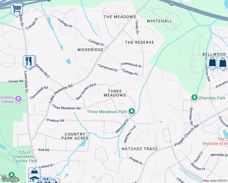 map of restaurants, bars, coffee shops, grocery stores, and more near 520 Miltwood Drive in Greensboro